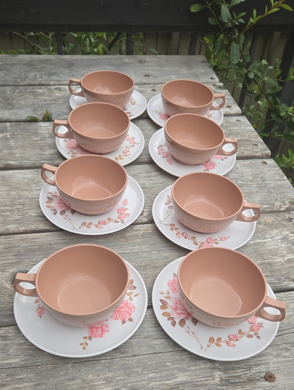 Vintage Melcac Mauve Pink & Rose Floral Tea Cup and Saucer 8 Sets